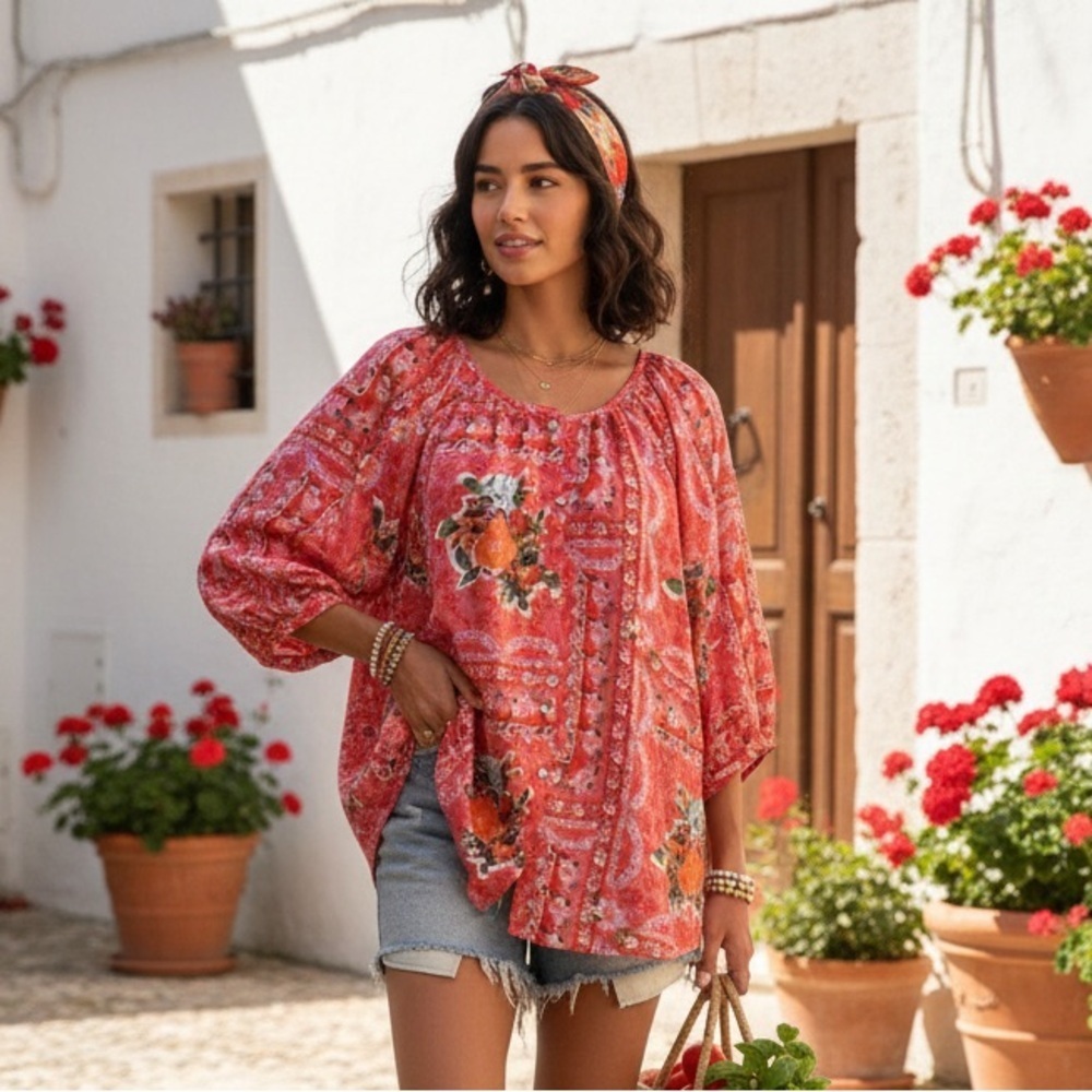 LC Lauren Conrad Tomato Girl Boho Floral Peasant Blouse Folkcore Puff Sleeve 1XL